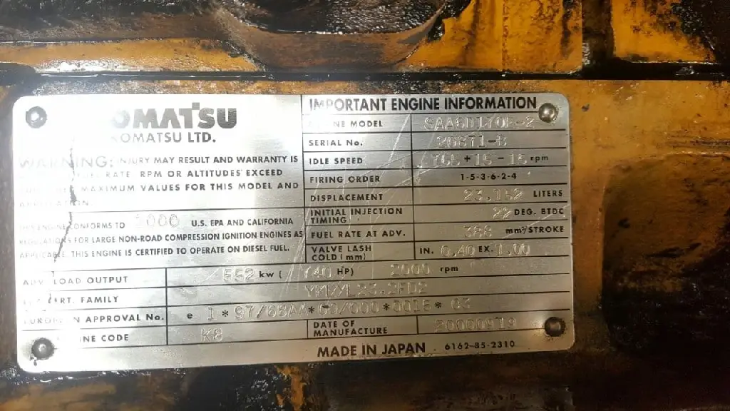Komatsu engine tag for serial number