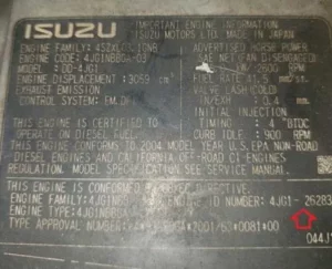 isuzu diesel engine data plate with serial number